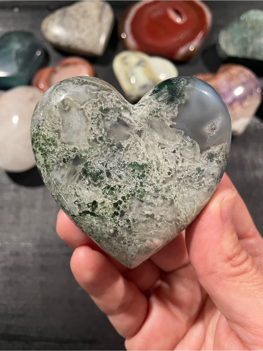 Moss Agate Heart Stone - Green and Gray Decorative Accent